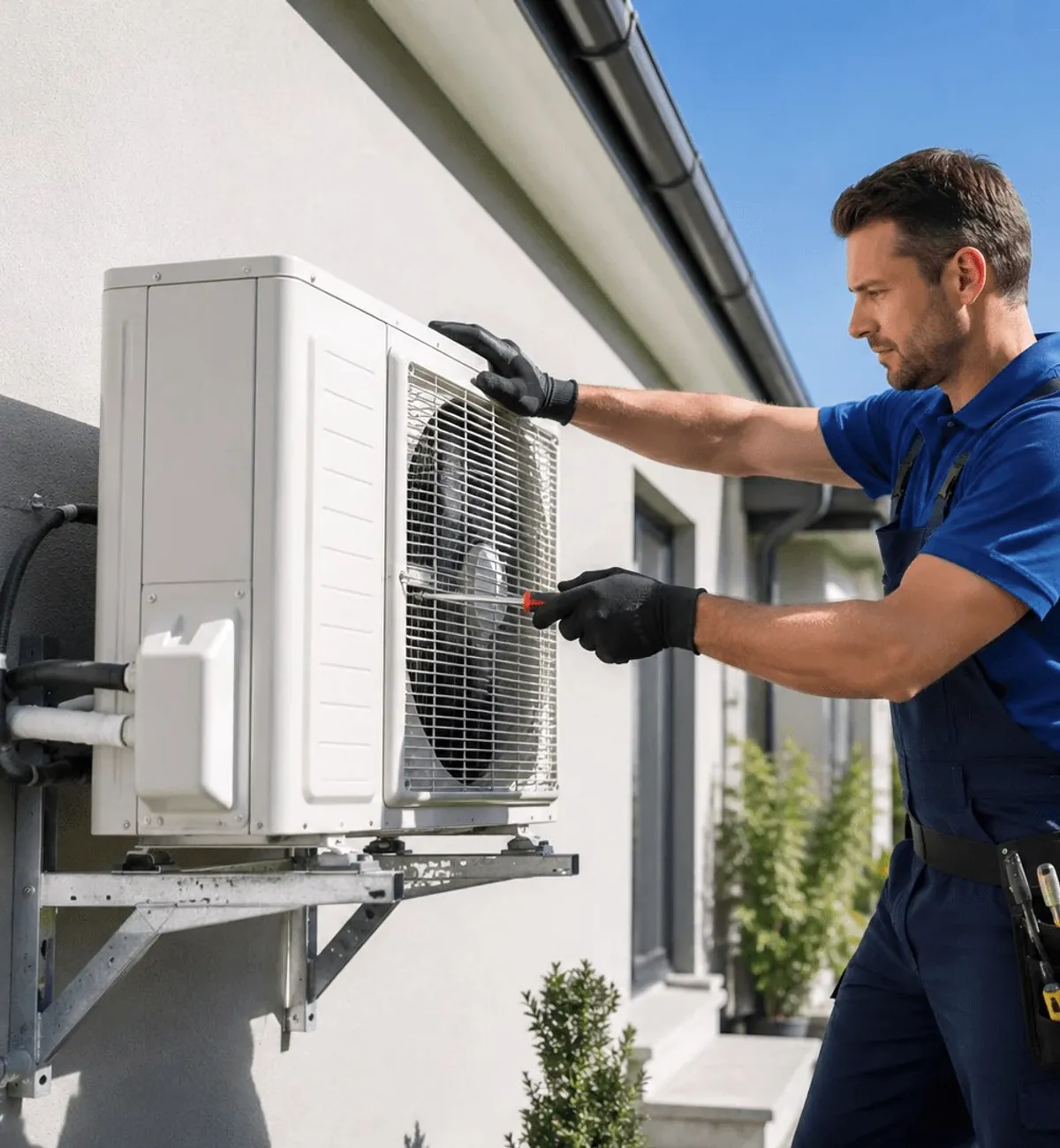 A technician in blue at an outdoor unit by a wall.