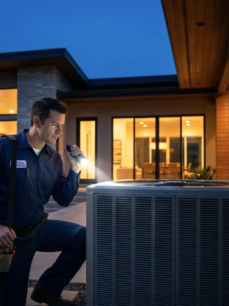 A technician with a torch at an outdoor unit at dusk.