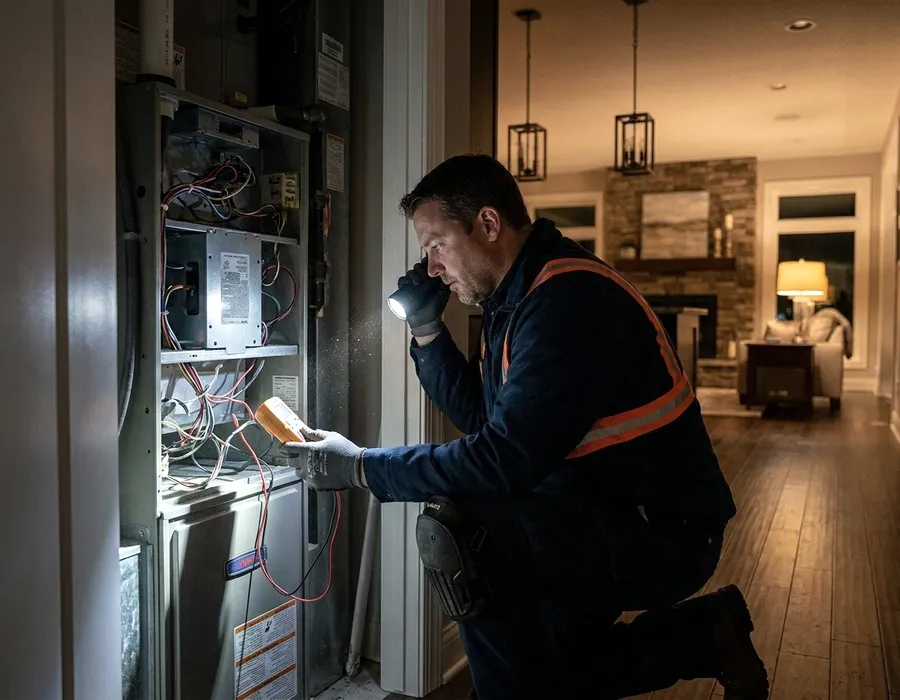 A technician with a torch at a panel in a dark hall.