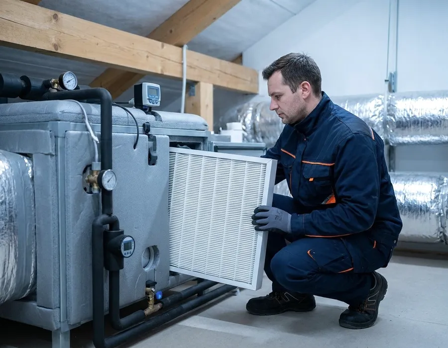A technician holding a filter beside a boiler.