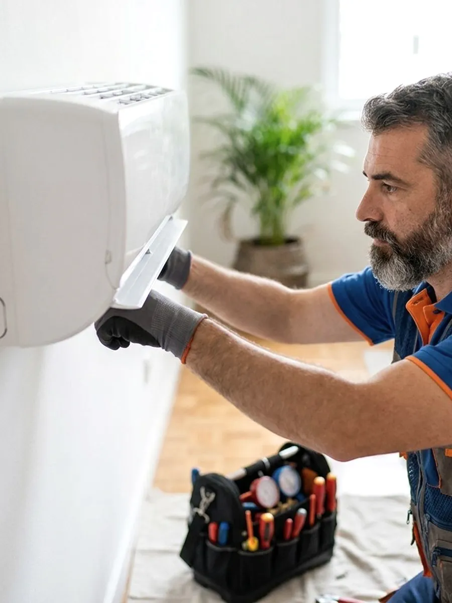 A technician at a wall unit with a bag of tools.