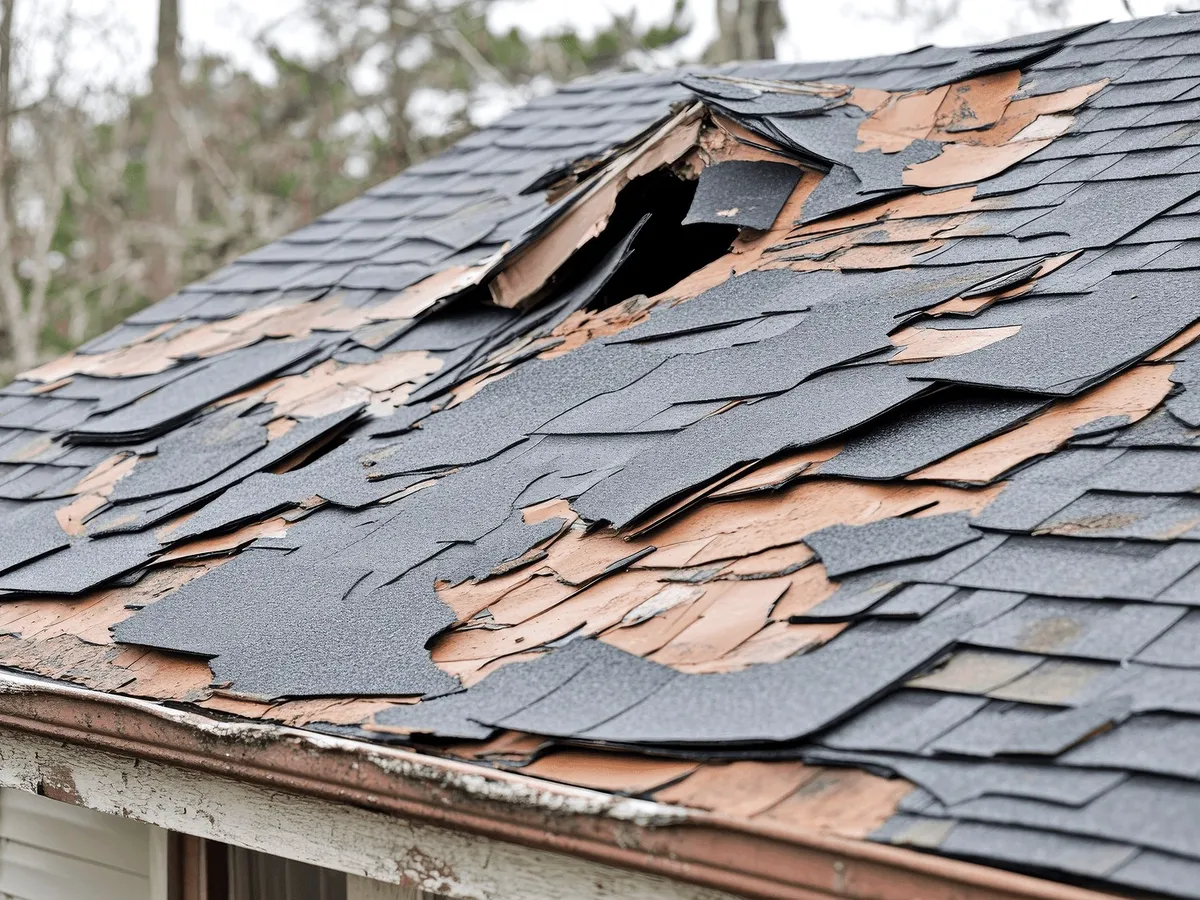 Torn shingles after a storm.