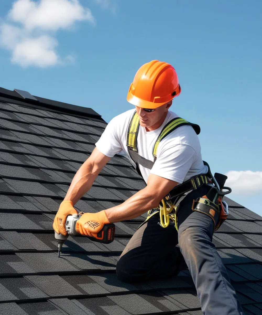A roofer in an orange helmet drilling a tile.