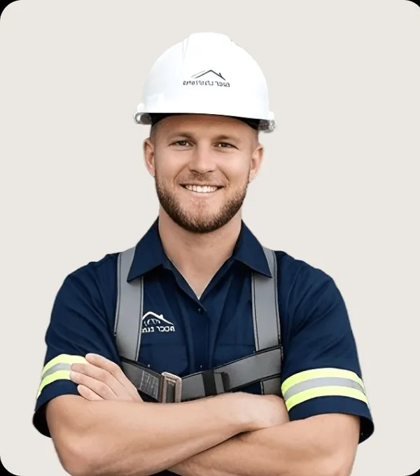 A roofer in a white helmet, arms crossed.