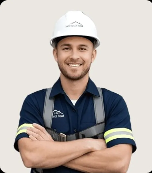 A roofer in a white helmet, smiling.