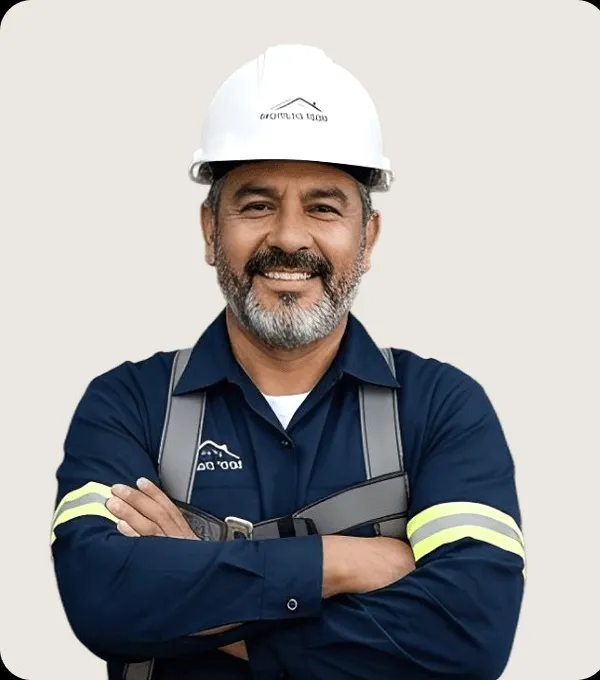 A grey-bearded roofer in a white helmet.