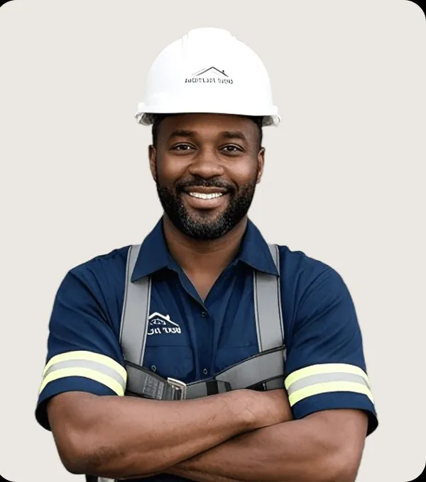 A roofer in a white helmet and hi-vis straps.