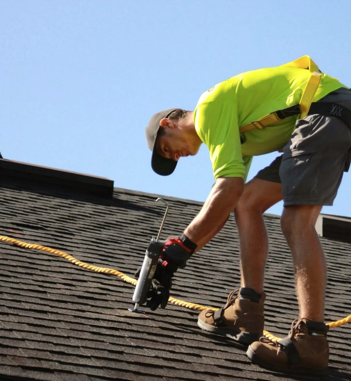 A roofer in a yellow shirt fitting shingles.