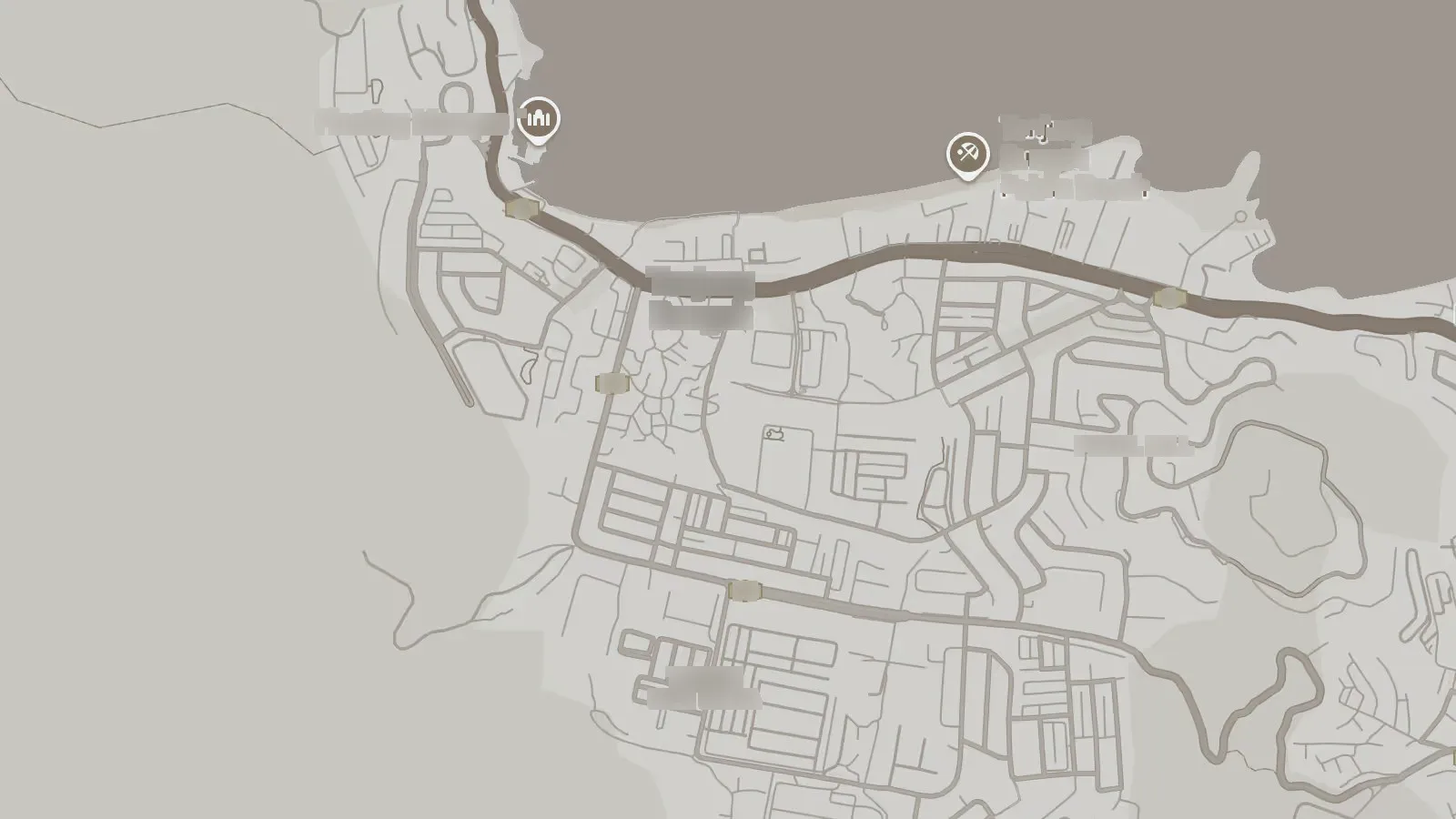 A street map of the coast around the bungalow.