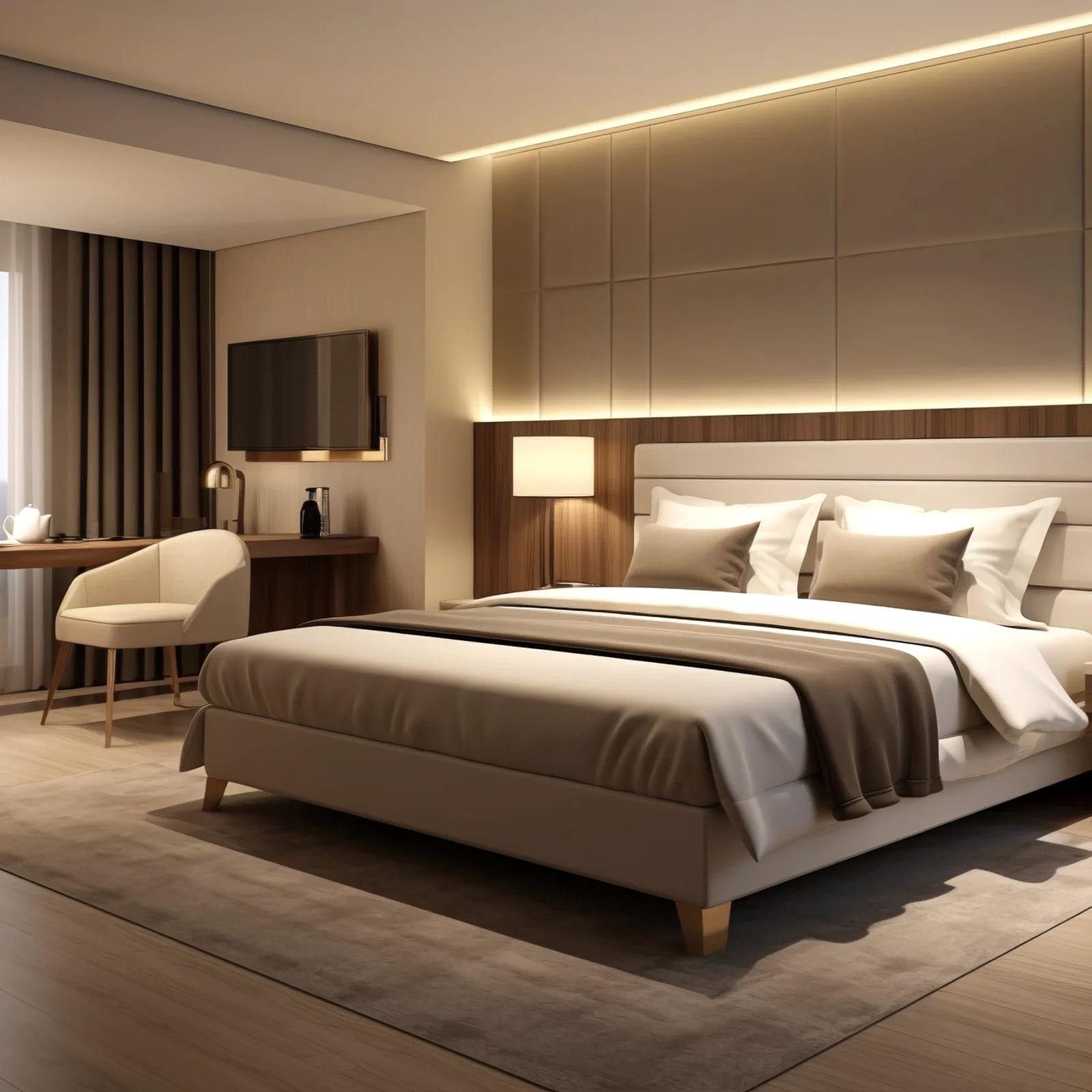 A room with a padded headboard, desk and chair.