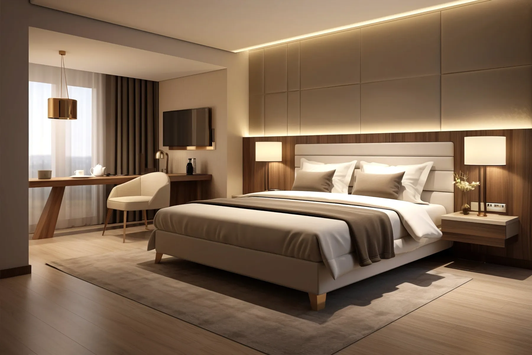A classic room: bed, desk, warm light.