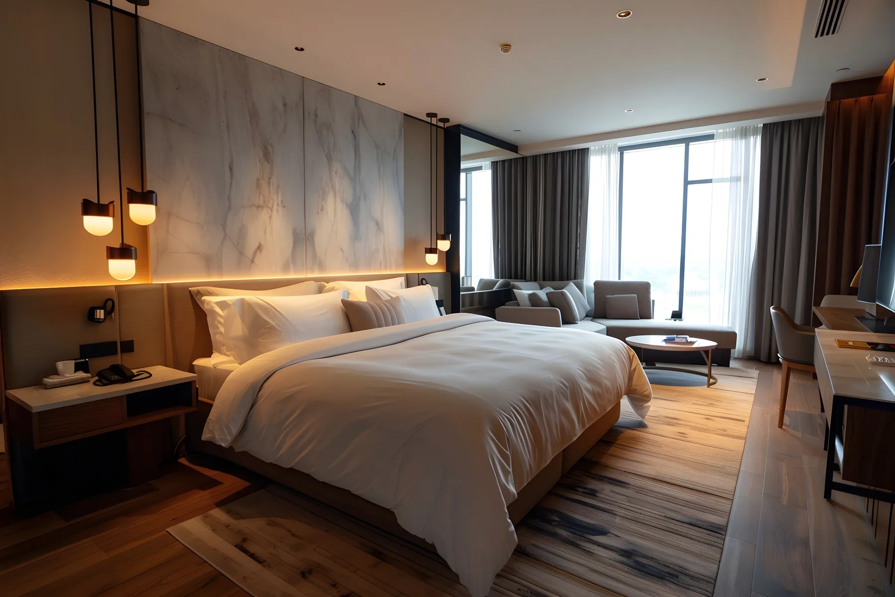 A deluxe room with a sofa and a city window.