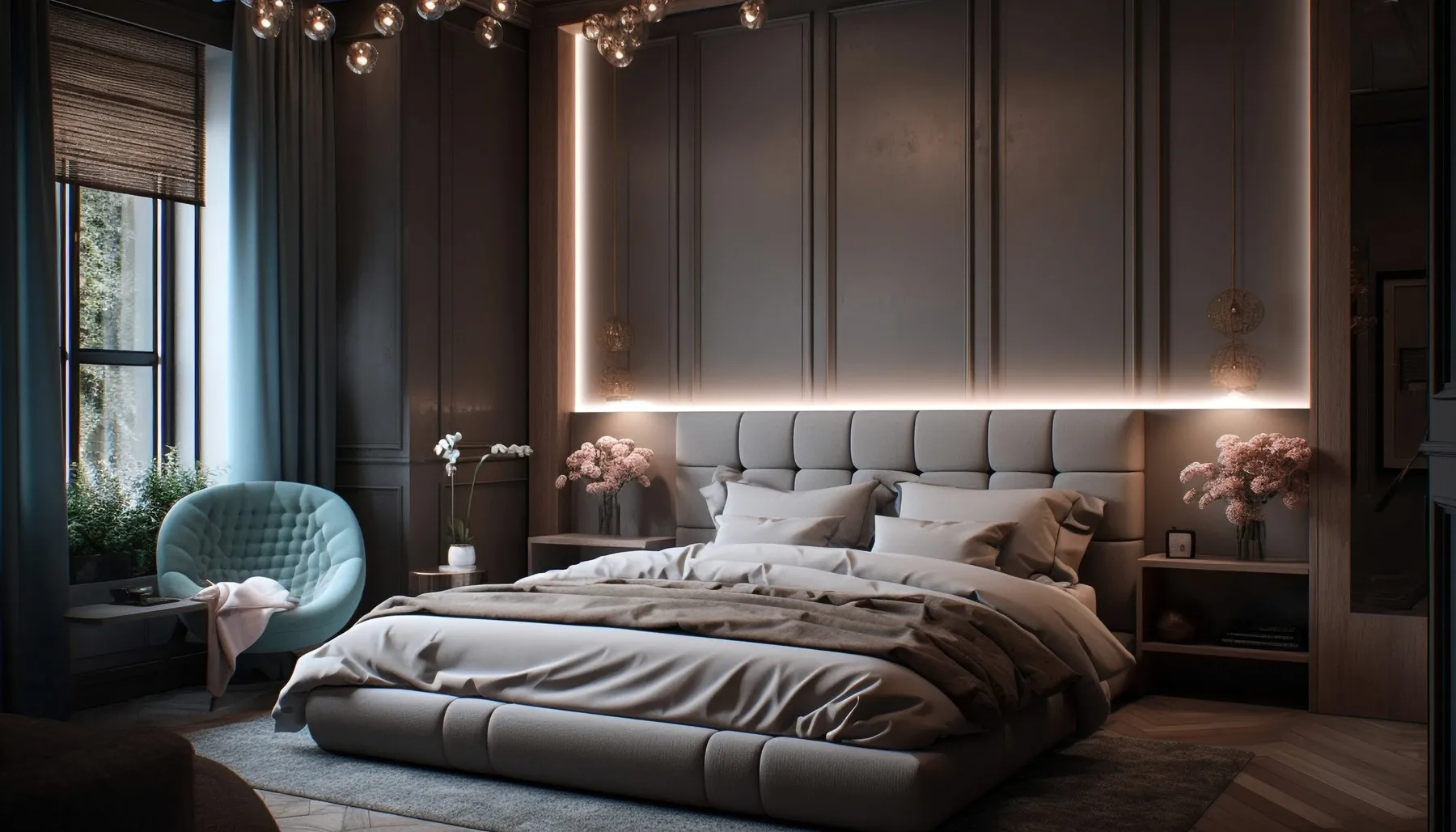 A family room with a large bed and a green armchair.