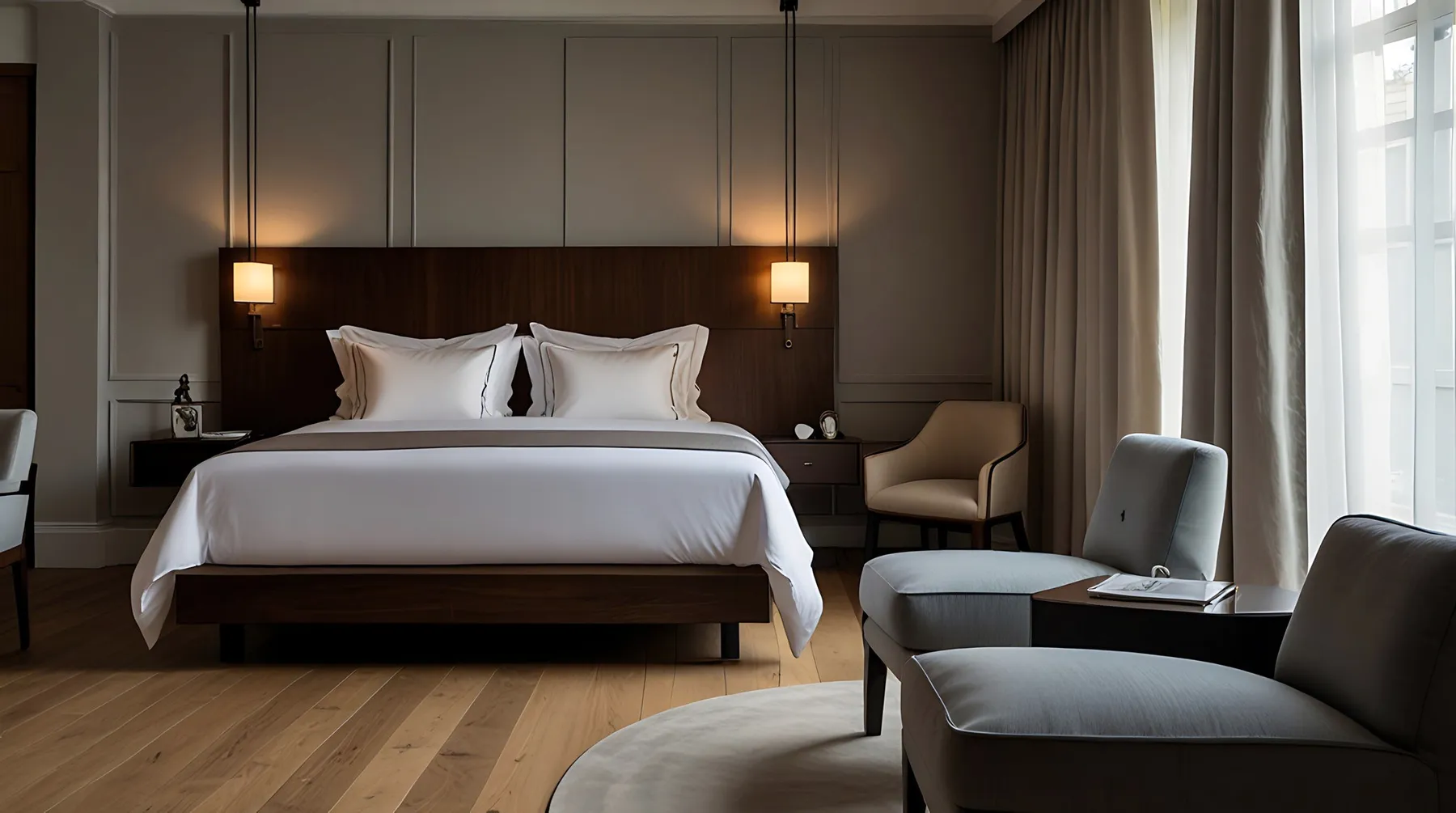 A junior suite with a dark headboard and a chair.