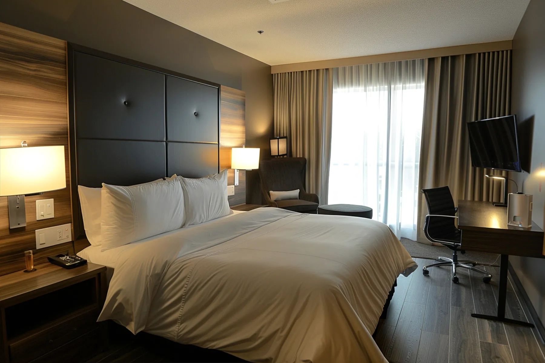 A suite with a padded headboard and a desk.