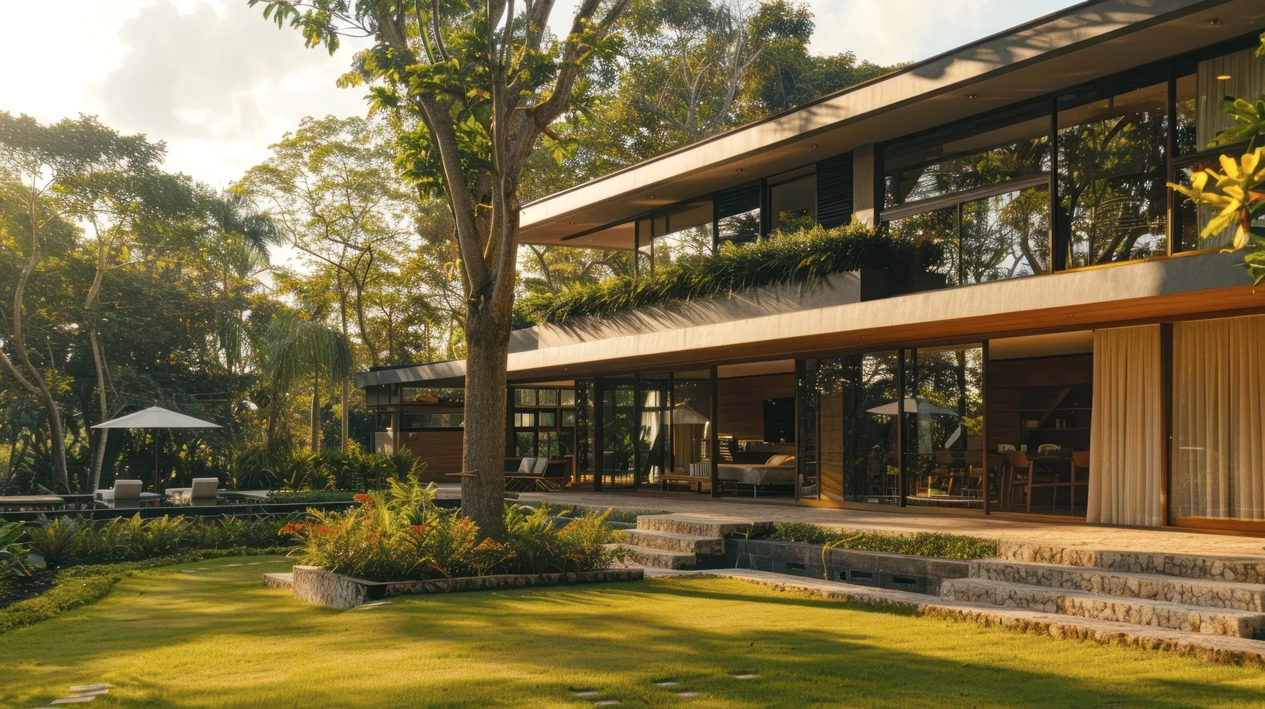 A garden villa seen from the lawn at golden hour.