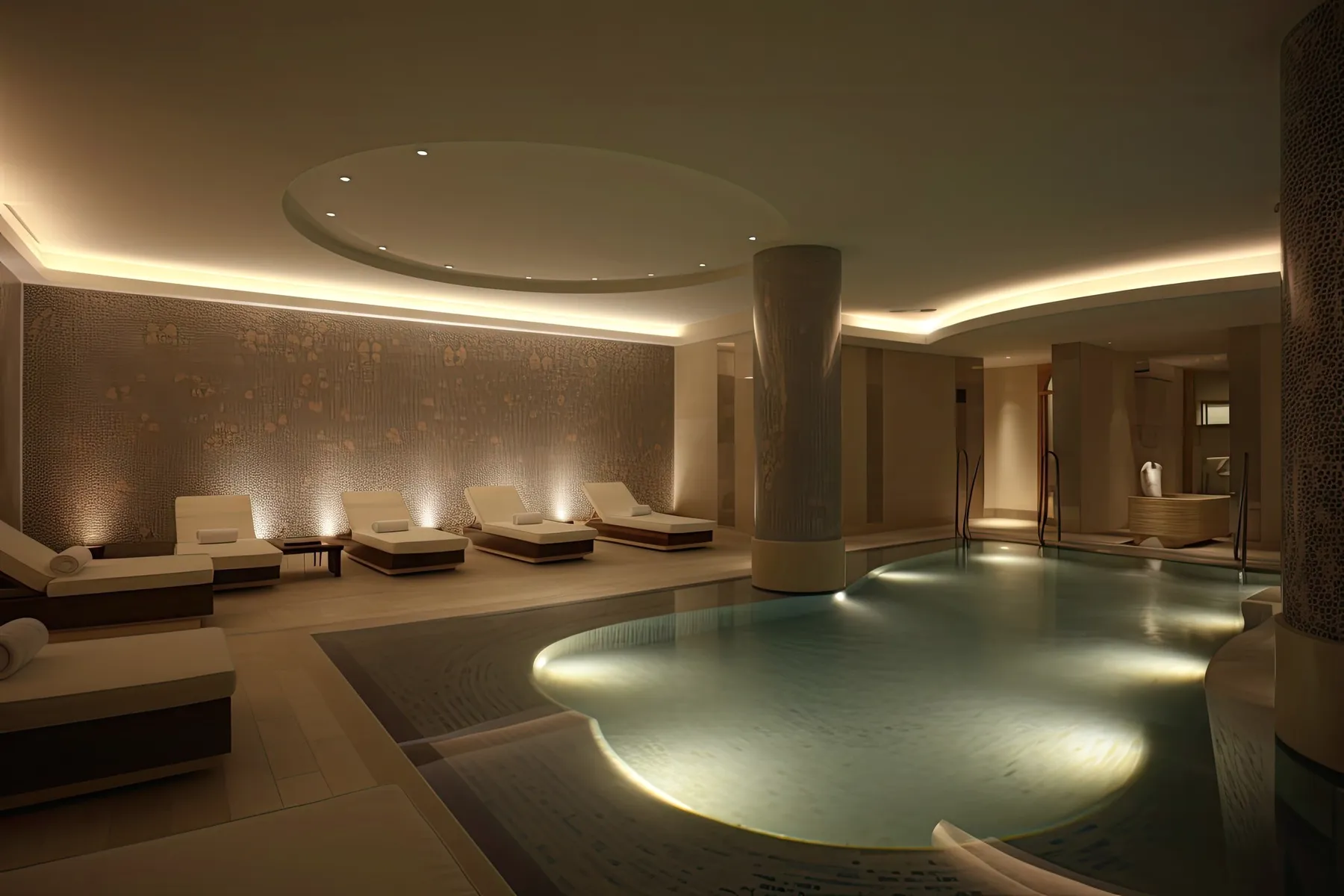 An indoor pool under a lit oval ceiling.