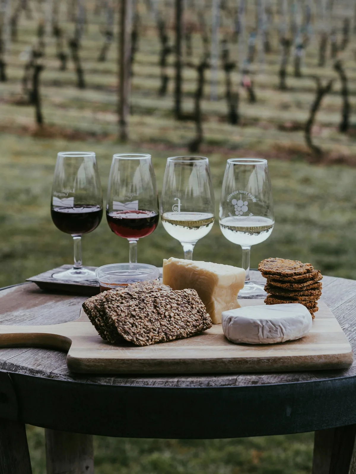 Four wine glasses and a cheese board on a vineyard table.