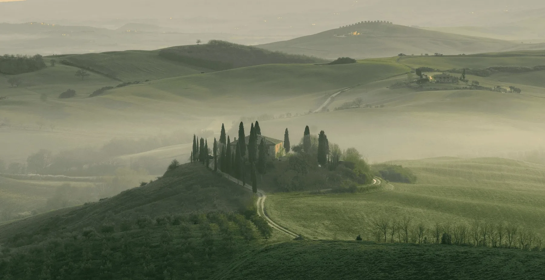 Tuscan hills in morning mist, a villa among cypress trees.