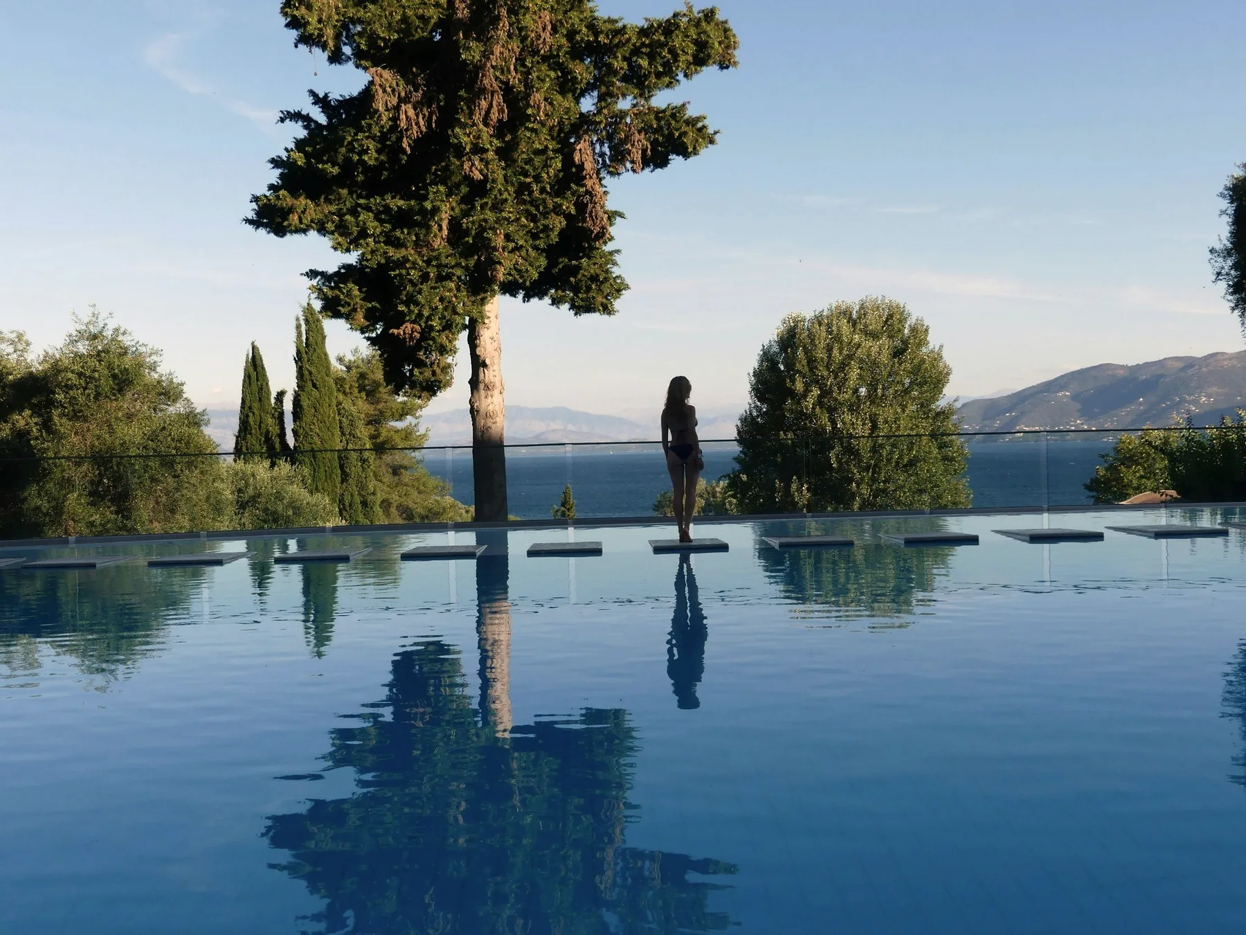 A figure at the rail of an infinity pool, a tall pine behind.