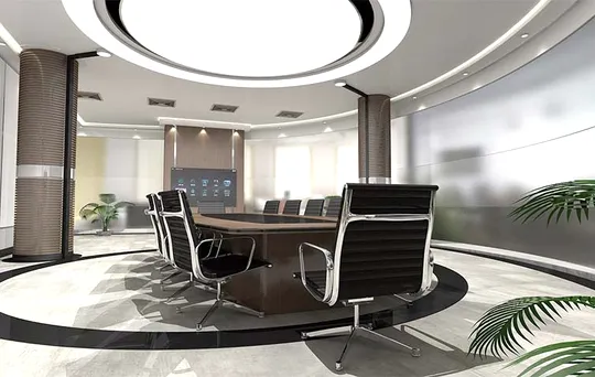 A modern meeting room with a round light.