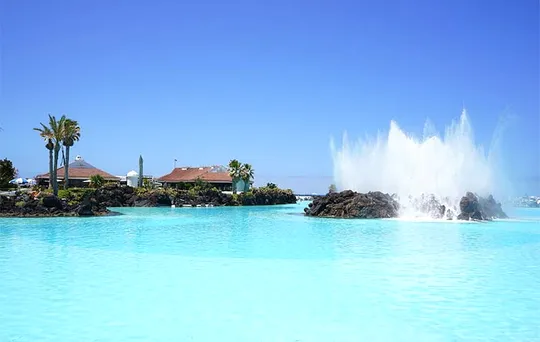 A lagoon pool with a fountain and palm trees.