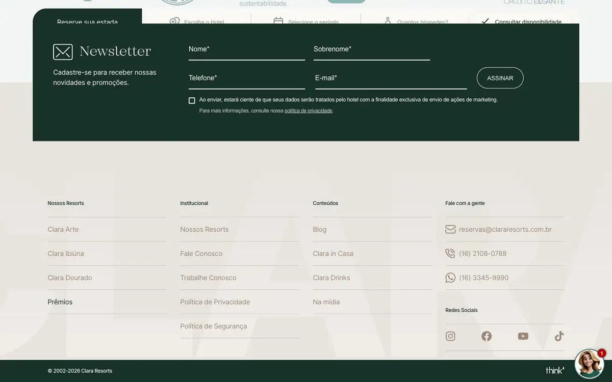 Section 06 of the Clara Resorts site, newsletter and footer