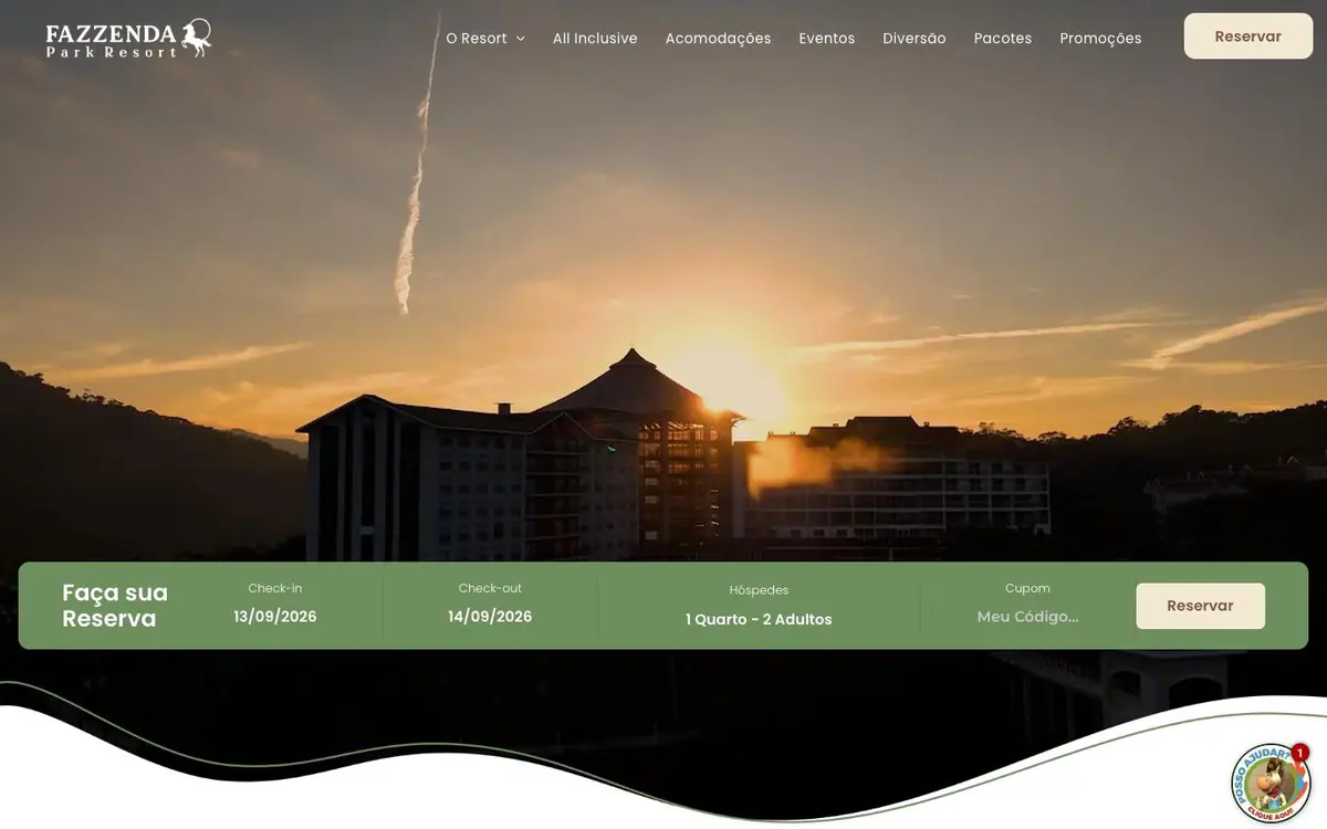 Section 01 of the Fazzenda Park Resort site, opening and booking bar