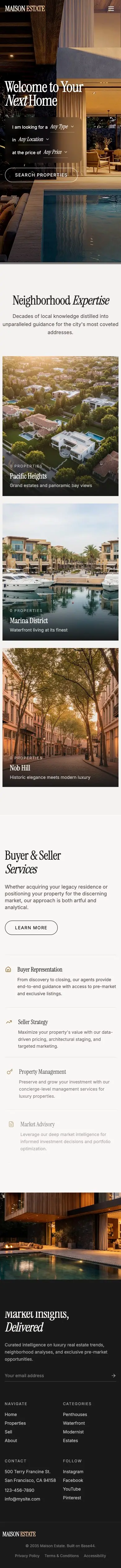 Maison Estate, the same page at 390px wide
