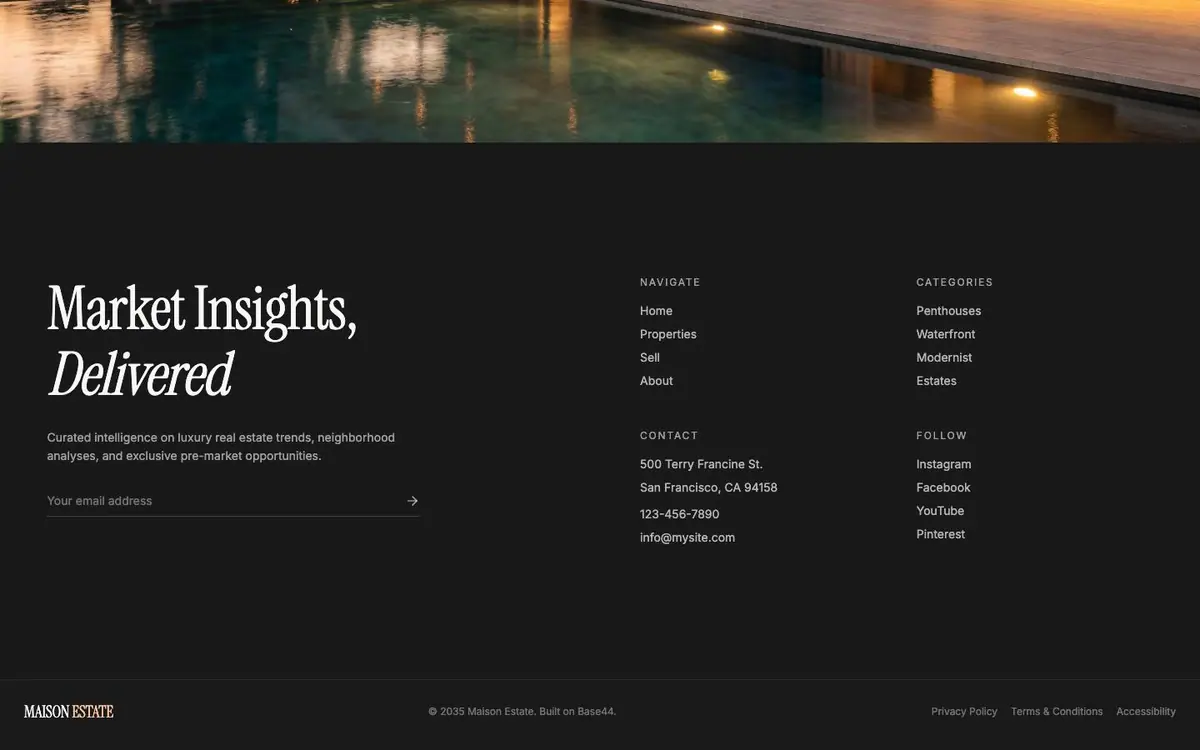 Section 05 of the Maison Estate site, market insights and footer