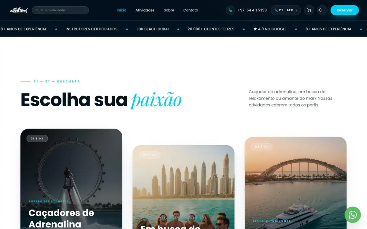 Section 02 of the Water Adventure site, choose your passion